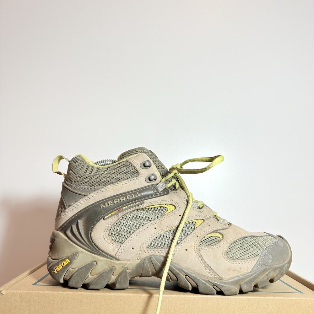 Merrell Womens 7.5 Hiking Shoes Grey Yellow Trail Mesh Vibram Athletic Sneakers